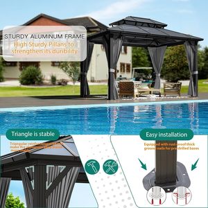 Gazebo à toit rigide, gazebo <span class=keywords><strong>permanent</strong></span> en aluminium robuste avec rideaux et moustiquaire pour jardin - Product Image 6
