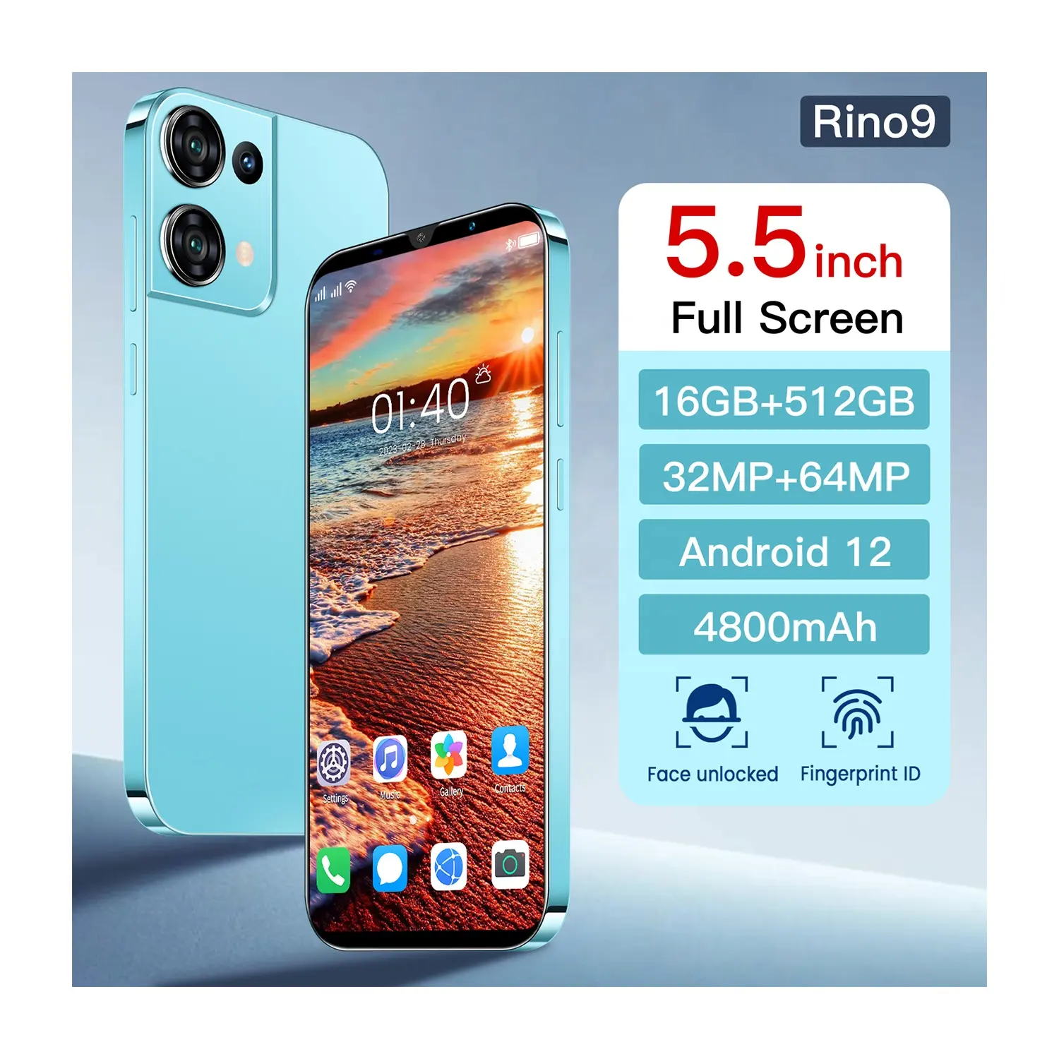 Low Price Rino9 16GB+512GB 5.5 Inch 4800mah Smart Mobile 5g 4g Cell Android Smartphones dual Sim Mobile Phone