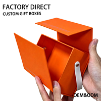 Boîte cadeau rigide à rabat magnétique orange personnalisée avec poignée en cuir PU, boîte en papier pliable imprimée en couleur