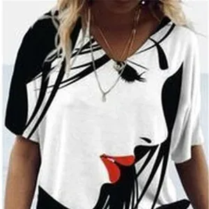 2024 New T-Shirt Fashion Design Women'S T-Shirt Face Print Short Sleeve V-Neck T-Shirt