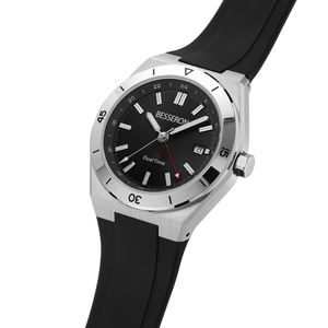 Montre-bracelet élégante de style professionnel avec boîtier en acier inoxydable, mouvement à quartz, bracelet en caoutchouc vert pour affichage double fuseau horaire et lecture lumineuse - Product Image 5