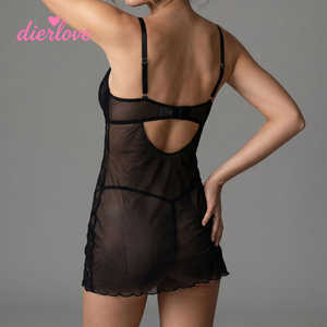 Ensemble babydoll sexy et transparent en dentelle noire festonnée avec chaîne de strass, dos nu et maille transparente, style exotique et intime - Product Image 5
