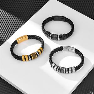 2024 High Quality Wholesale Bulk Stainless Steel Genuine Leather Bracelet for <b>Men</b> Jewelry - Product Image 4