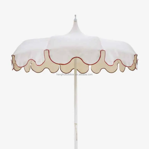 Parasol Pagode Hawaïen à Rayures Roses et Blanches avec Pompons et Franges en <span class=keywords><strong>Bois</strong></span> de Luxe pour la Plage - Product Image 4