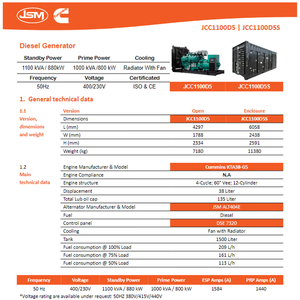 Jcc1100d5s bycummins 800 kW 1000 KVA im lặng Máy phát điện diesel 3 pha 400V được hỗ trợ bởi động cơ diesel KTA38-G5 cho biển - Product Image 6