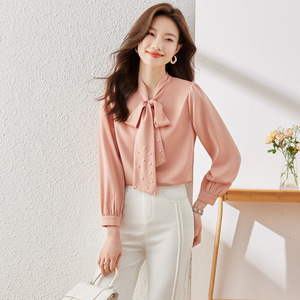 <b>Pink</b> Pearl Bow Blouse Women Long Sleeve Chiffon Top For Commuting Solid Color Polyester Shirt With Tie Neck Design - Product Image 1