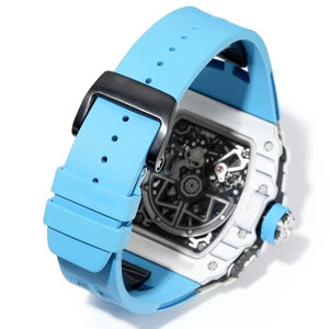 Montre mécanique squelette sportive de forme tonneau, boîtier blanc et bleu, bracelet en silicone, chiffres audacieux, cadran ajouré, montre élégante et décontractée - Product Image 6