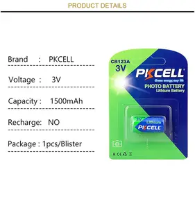 PKCELL-batería de litio para cámara CR123, 3,0 V, 1400mAh, no recargable, 3v, 5 años