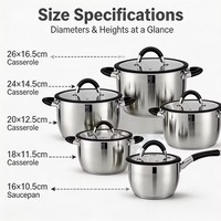 Ensemble d'ustensiles de cuisine en acier inoxydable écologique en gros : Casseroles, faitouts, couvercles en verre, poignées en silicone, sains et compatibles lave-vaisselle