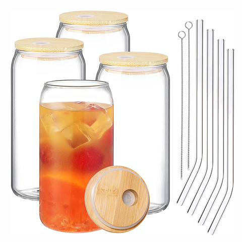 High Quality Drinking Glasses With Glass Straw 4pcs Set 16oz Can Shaped Glass Cups for Beer Iced Coffee Tumbler Cup