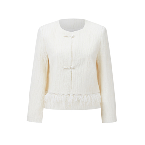 Giacca Corta Nera Traspirante in <span class=keywords><strong>Lana</strong></span> e Poliestere, Tessuto Stropicciato, Bottoni in Madreperla, Rifinitura in Piume, <span class=keywords><strong>Cappotto</strong></span> da <span class=keywords><strong>Donna</strong></span> - Product Image 2