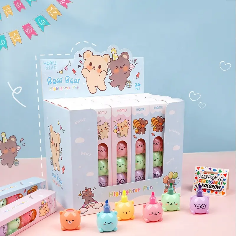 Cancelleria per bambini della scuola 5 evidenziatore colorato carino kawaii bear mark