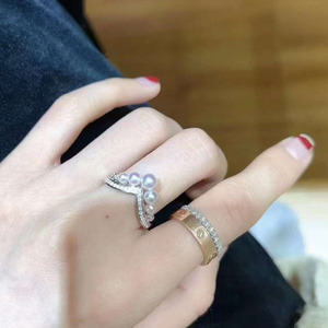 S925 <b>Silver</b> Aurora Freshwater Pearl Stackable <b>Ring</b>, 3-5mm Flawless Round Natural Pearl Paved Crystal V Shape <b>Stacking</b> <b>Ring</b> - Product Image 1