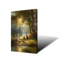 Impression sur toile « Forêt Sereuse au Soleil » : Lapins Mignons au Bord du Lac – Décoration Murale pour Salon et Chambre, Taille Personnalisable