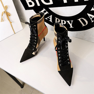Botines de tacón alto de 8 cm para mujer, de ante a cuadros, con punta, con cordones, informales, de moda 2025 - Product Image 3