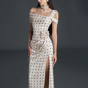 ZYHT 73507 elegante <span class=keywords><strong>abito</strong></span> Midi a <span class=keywords><strong>pois</strong></span> asimmetrico Beige con disegno drappeggiato floreale Det e spacco per eventi formali - Product Image 3