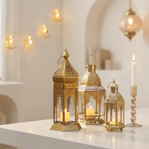 Faroles Decorativos Marroquíes al por Mayor, Lámparas de Vidrio y Metal Dorado Hechas a Mano para Decoración del Hogar en Ramadán, para Colgar y de Mesa - Product Image 1