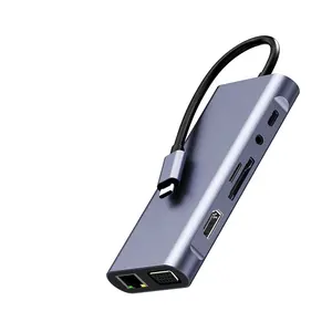 多端口适配器USB集线器多端口USB集线器3.0 11端口类型C到以太网4K HDMI VGA读卡器