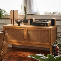 Meuble TV en bois massif avec porte en rotin naturel tressé, console multimédia, armoire de rangement pour salon