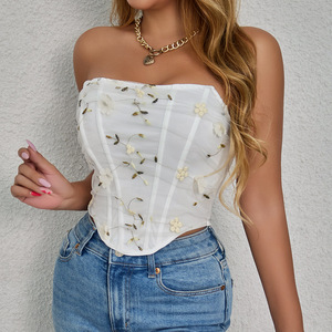 Corsé <span class=keywords><strong>de</strong></span> malla floral 3D con varillas, top tubo sin tirantes <span class=keywords><strong>para</strong></span> mujer, bustier fruncido con dobladillo asimétrico, atuendo sexy Y2K <span class=keywords><strong>para</strong></span> salir <span class=keywords><strong>de</strong></span> discoteca 2026 - Product Image 2