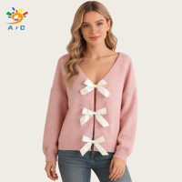 Vêtements pour femmes en gros d'usine : Cardigan élégant en polyester à col en V avec nœud, couleur unie, aspect tricoté en laine, séchage rapide et respirant