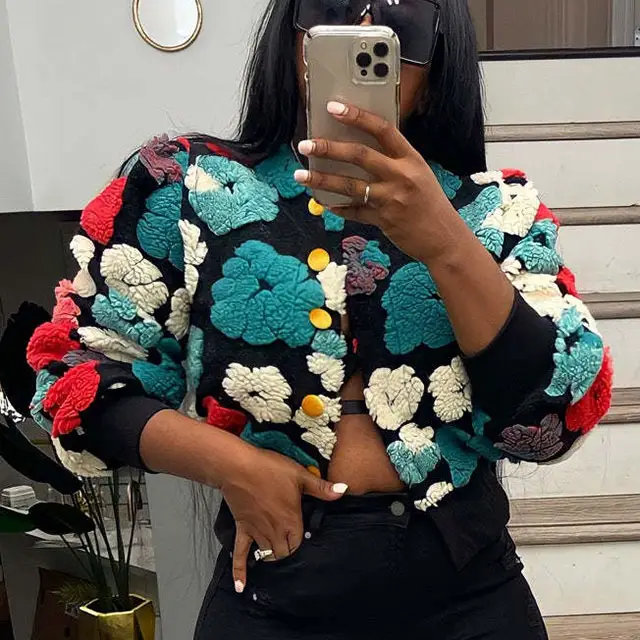 Koreanische Mode Blume Frau Mantel Einreiher Chic Strick Damen Fleece Dicke Winter Puffer Jacken