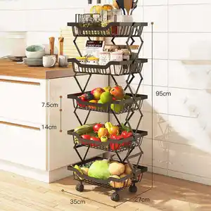 Kitchen Foldable Rotating 5 Tier Vegetable Fruit Basket Storage Cart Pantry Storage Racks With Wheels