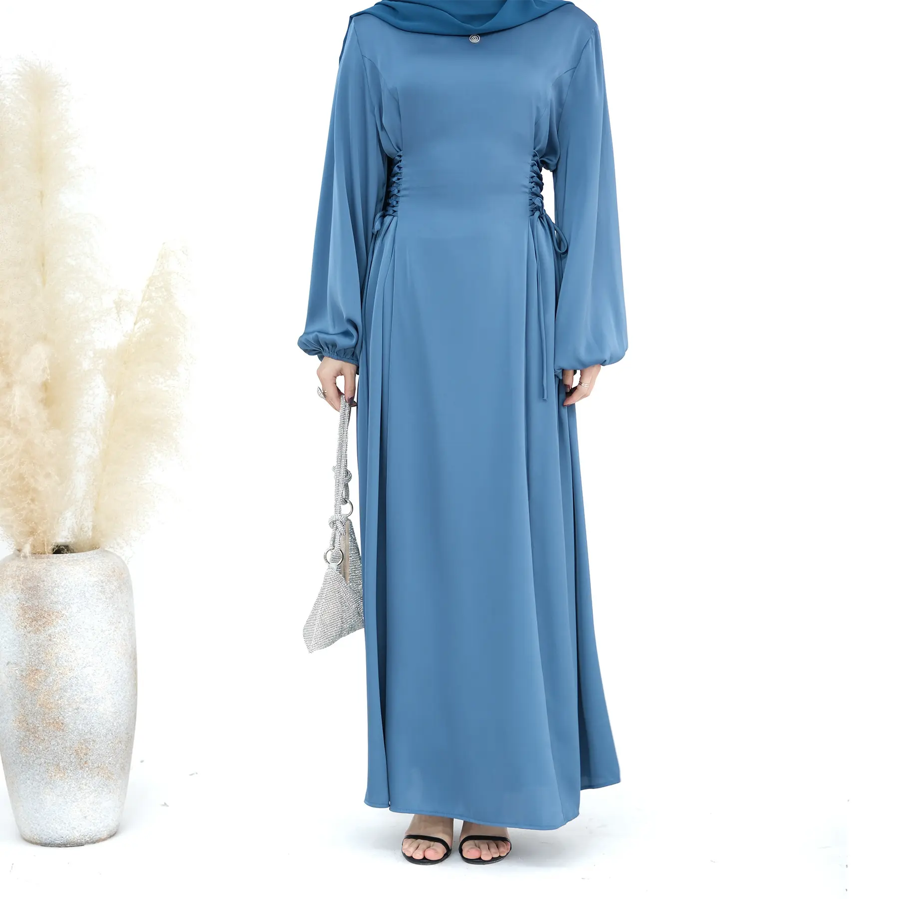 2024 EID New Abaya donna abito musulmano raso abiti modesti vita regolabile stringhe stile Abaya donna abbigliamento islamico