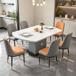 Ensemble de table à manger ovale moderne avec plateau en marbre blanc et 6 chaises en PU gris orange pour la maison, la villa, meubles de salle à manger - Product Image 1