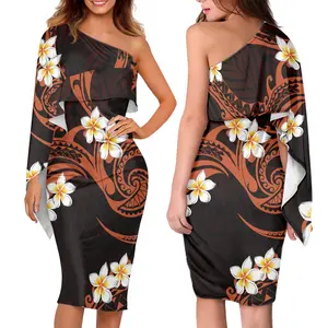 Ladies Dress Hawaii Plumeria Flower Polynesian Tattoo Design One Shoulder Sleeveless Club Party Fashion Bodycon Dress