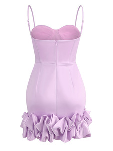 Robe trapèze élégante et décontractée pour femme, col licou, bretelles spaghetti, détail volant classique, couleur unie, longueur genou, taille haute, <span class=keywords><strong>Ted</strong></span> Jourey's Front - Product Image 4