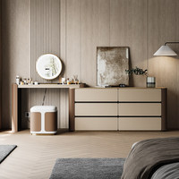 Commode italienne minimaliste en chêne massif avec coiffeuse intégrée, bureau télescopique rétractable et miroir lumineux pour maquillage