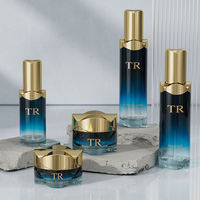 Nouvelle conception, ensemble d'emballages cosmétiques pour soins de la peau, flacon pompe en verre bleu 100ML 120ML pour lotion corporelle, pot de forme plate 30ML 50ML avec compte-gouttes