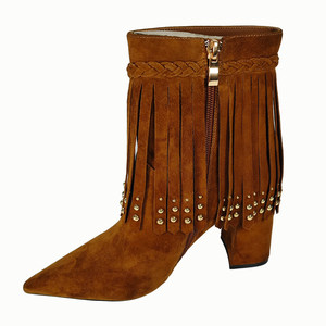 Bottines Western en Daim Marron pour Femme à Talon Haut, Style Bohème avec Pompons et Clous Dorés, Imperméables, Confortables, Fermeture Éclair, Tendance Automne - Product Image 3