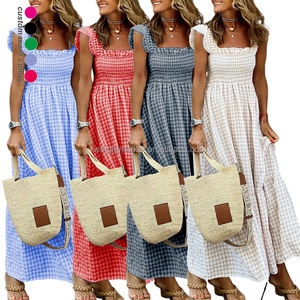 เดรสทรงสี่เหลี่ยมคอวี แขนกุด ช่วงอกย่น <span class=keywords><strong>กระโปรง</strong></span>บานระบาย <span class=keywords><strong>ลาย</strong></span>สก็อต พิมพ์ลาย ชั้นๆ สไตล์ลำลอง สำหรับผู้หญิง - Product Image 2