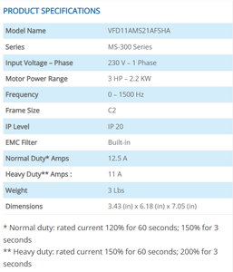 อินเวอร์เตอร์ Delta MS300 รุ่น VFD11AMS21AFSHA 200-240V 1 เฟส 2.2 กิโลวัตต์ 3 แรงม้า - Product Image 2