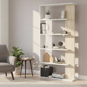 Estantería Moderna de 5 Niveles con Estantes Abiertos, Directo de Fábrica BSCI, en Roble Blanco, para Sala de Estar, Comedor u Oficina - Product Image 1