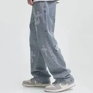 Streetwear celana Jeans gaya Hip Hop pria, celana kargo bordir kustom