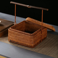 Panier de rangement carré artisanal en noyer et rotin, style chinois, écologique, laqué, avec couvercle et poignée en bambou violet, idéal pour les pique-niques