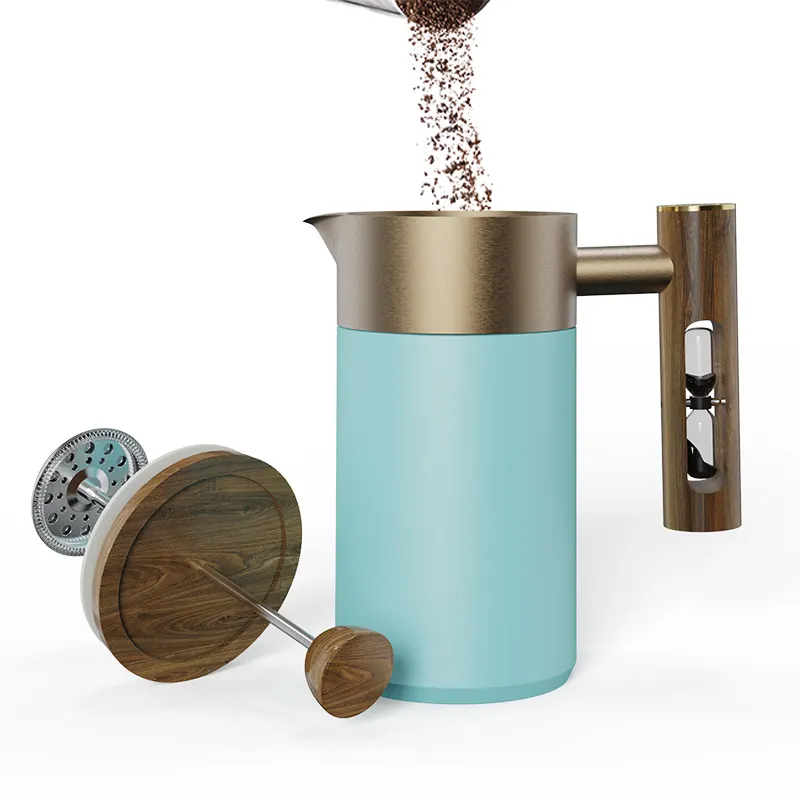 नई उत्पाद सिरेमिक फ्रेंच प्रेस Hourglass समय के साथ लकड़ी के हैंडल और 4 स्तर 304 SLS फिल्टर और लकड़ी के ढक्कन प्रीमियम coffeePot
