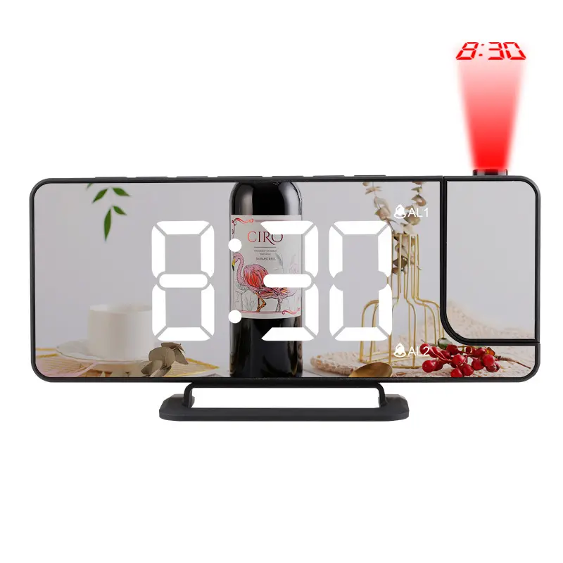 Digital Mirror Alarm Clocks LED Radio Alarm Frame Clock Temperature Display With Large LED Time Projection Clock For Bedroom