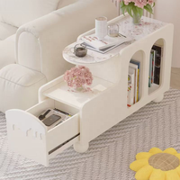 Table d'appoint d'angle élégante et contemporaine en bois ivoire avec roulettes, tiroir dissimulé, durable, pour salon, mobilier de maison, chambre à coucher