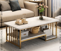 Table basse en métal à 2 niveaux, moderne, imitation marbre blanc, bois, pour salon