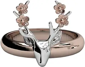 Anel de cervos anel vintage bonito grande declaração, dois tons flor rosa de ouro anéis para mulheres