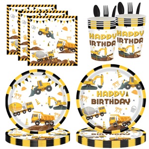 Vaisselle de fête d'anniversaire sur le thème des engins de chantier pour garçon, décorations jaunes d'excavatrice, plateaux en papier ronds/carrés, gobelets, serviettes jetables - Product Image 1