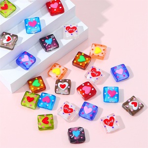 Memory 15mm Square Glass Beads With Heart Polka Dot Design For DIY Bracelets And Necklaces - Product Image 1