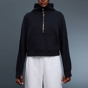 Sweat à capuche mi-zippé doux et écologique pour femme, coupe oversize, en coton bouclette 320g, épais, pour l'hiver, décontracté - Product Image 5