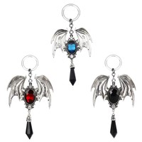 Collier et porte-clés gothiques Aile de Démon en métal argenté antique avec pendentif goutte en cristal multicolore, bijou cadeau pour fête d'Halloween