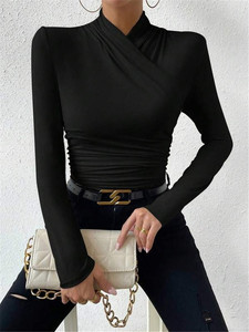2024 Western décontracté plaine Sexy plissé haut court dames pull mince <span class=keywords><strong>basique</strong></span> col roulé chemise à manches longues <span class=keywords><strong>t</strong></span>-shirts haut pour les femmes - Product Image 3