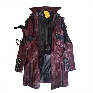 Men's Gothic Steampunk Faux Leather Windproof Trench Coat Maroon <b>Zip</b> <b>up</b> <b>Jacket</b> Lace <b>up</b> Sleeve Front Logo Costume - Product Image 1